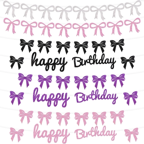 Glitter Happy Birthday Banner With Bow Tie Decoration 3M Rope Length For Kids Birthday Party Decor Garland Supplies