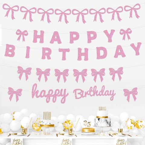 Glitter Paper Birthday Banner With Bow Knot Alphabet Happy Birthday Party Bunting Hanging Decoration For Celebration Events