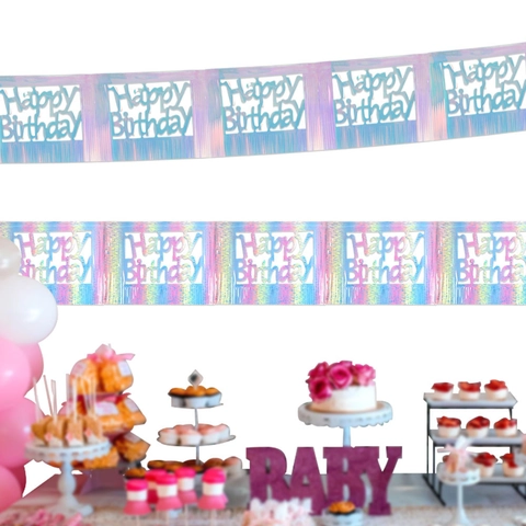 Holographic Happy Birthday Banner PET Laser Gradient Rain Silk Tassel Garland Party Background Wall Decoration Prop