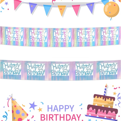 Bannière Anniversaire PET Holographique Laser Lettre Happy Birthday Évidée Guirlande Décoration de Fond de Fête Festive Ornements Suspendus