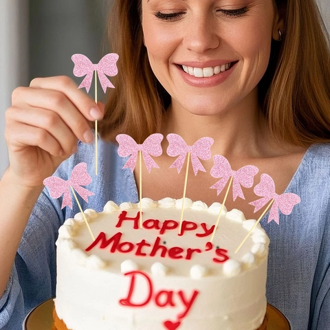 Mother's Day Cake Topper Bowknot Decoration Glitter Paper Ribbon Dessert Inserter For Party Birthday Home Atmosphere Baking Accessories