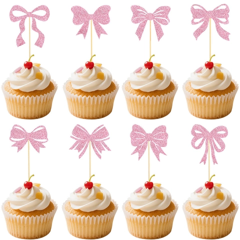 Pink Glitter Bow Cupcake Toppers Shiny Bowknot Cake Decorating Picks For Girls Birthday Party Dessert Table Supplies