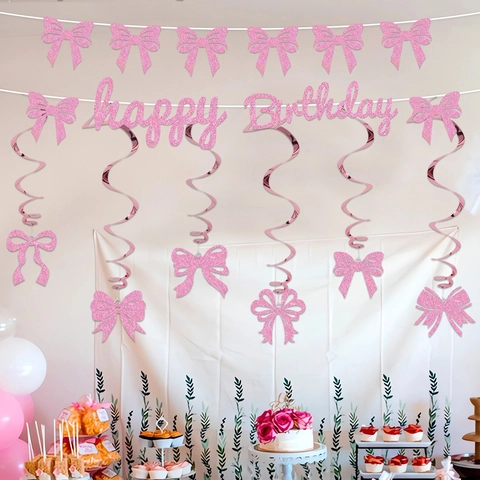 Glitter Birthday Banner Bowtie Spiral Hanging Swirls Pink Black Red Purple Birthday Party Decorations Photography Props