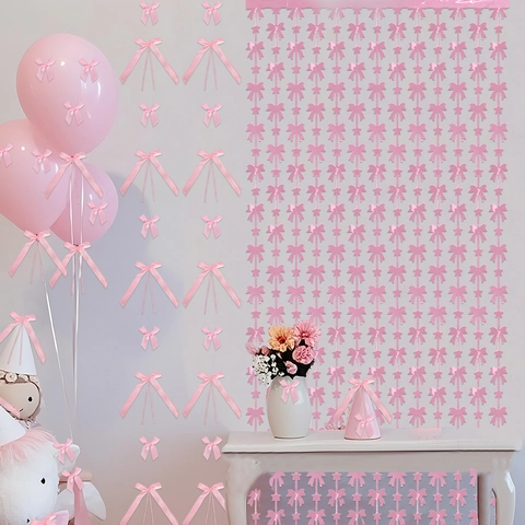 Bowknot Party Backdrop Streamer Curtains And Satin Bow Decorations For Birthday Wedding Celebration Background Decor