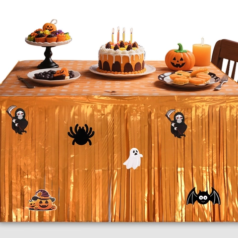 Halloween Table Skirt Metallic Foil Fringe Decorative Accessory With Bat Pumpkin Ghost Stickers For Party Atmosphere