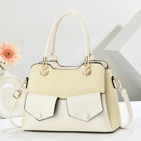 Damen Tragetasche Große Kapazität Handtasche PU Leder Und Stoff Patchwork Schultertasche Mit Muschel Metalldekor Und Fronttaschen
