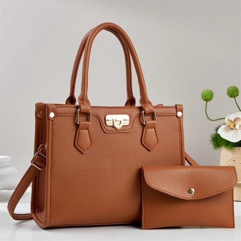 Women Lychee Pattern PU Leather Handbag And Pouch Large Capacity Shoulder Crossbody Bag Elegant Daily Commuter