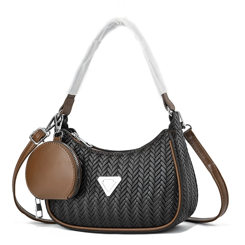 Woven PU Leather Underarm Hobo Bag With Round Coin Purse Trendy Embossed Shoulder Crossbody Handbag For Women