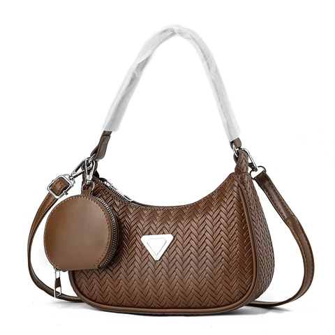 Woven PU Leather Underarm Hobo Bag With Round Coin Purse Trendy Embossed Shoulder Crossbody Handbag For Women