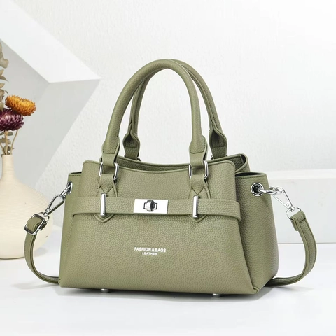 Women Handbag Litchi Pattern PU Leather Shoulder Crossbody Bag Silver Hardware Turn Lock Elegant Simple Trendy Korean Style