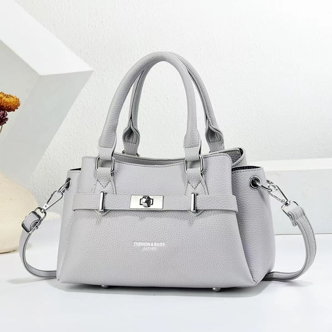 Women Handbag Litchi Pattern PU Leather Shoulder Crossbody Bag Silver Hardware Turn Lock Elegant Simple Trendy Korean Style