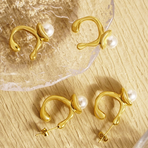 Onregelmatige Organische Roestvrijstalen Kunstparel Oorbellen Set Minimalistische Goud Zilver Ear Cuffs Studs Voor Vrouwen