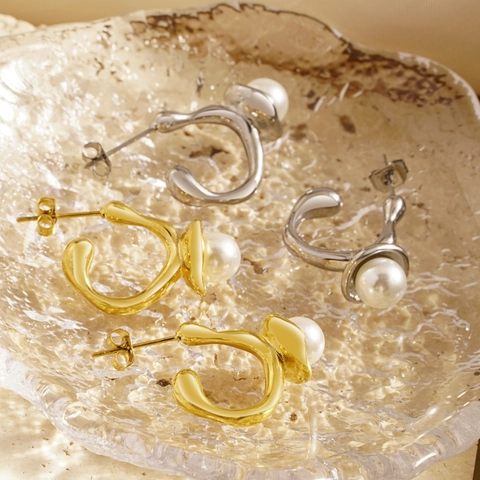Onregelmatige Organische Roestvrijstalen Kunstparel Oorbellen Set Minimalistische Goud Zilver Ear Cuffs Studs Voor Vrouwen