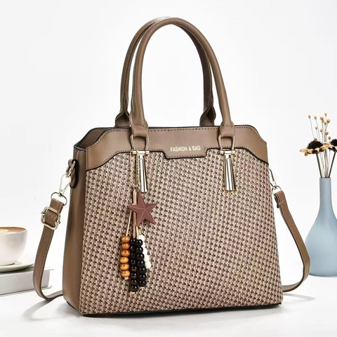 Webstruktur PU Leder Handtasche Große Kapazität Top Griff Schulter Umhängetasche Mit Stern Anhänger Für Damen