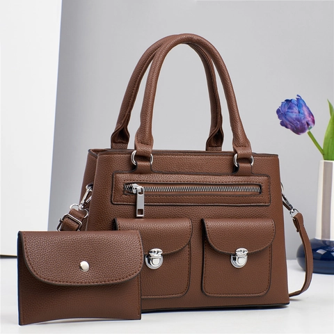 Borsa A Mano E Portafoglio Da Donna Pelle PU Motivo Litchi Grande Capacità Borsa A Tracolla Urbano Semplice Moda Versatile