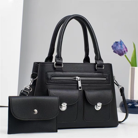 Women Fashion Handbag Lychee Pattern PU Leather Crossbody Shoulder Bag Large Capacity Matching Set Elegant Tote