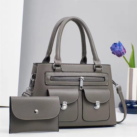 Women Fashion Handbag Lychee Pattern PU Leather Crossbody Shoulder Bag Large Capacity Matching Set Elegant Tote