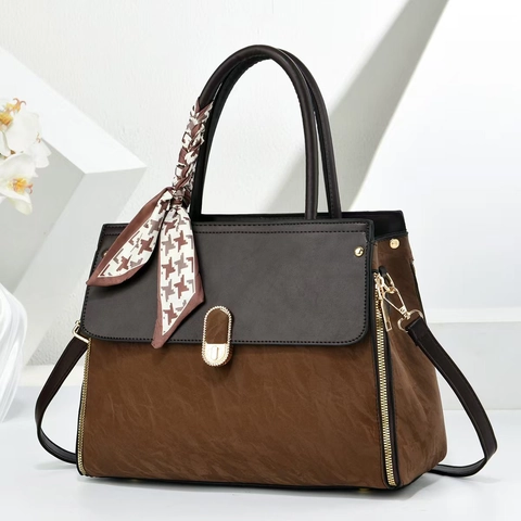 Borsa A Mano Da Donna In Pelle PU Elegante Tote Color Block Con Sciarpa Di Raso Grande Capacità Borsa A Tracolla Moda Versatile