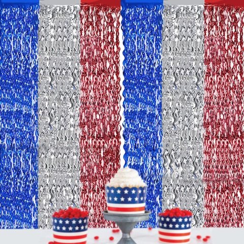 Blue Silver Red Foil Fringe Curtain Independence Day Decoration Backdrop Tinsel Rain Curtain Wavy Door Streamer Party Decor