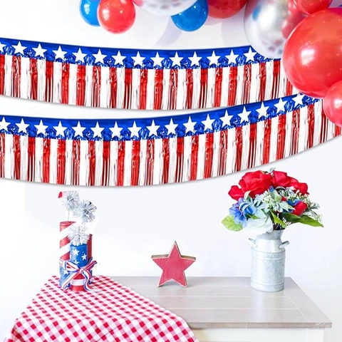 Bannière de Rideau à Franges pour le Jour de l'Indépendance Rouge Blanc Bleu Étoiles et Rayures Guirlande de Tinsel pour la Décoration de Jardin de Maison de Fête Patriotique des États-Unis