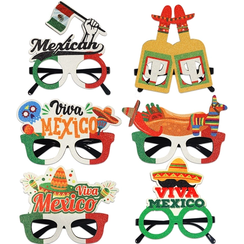 Mexican Party Glasses Viva Mexico Sombrero Cactus Glitter Felt Plastic Eyeglasses For Cinco De Mayo Carnival Festive Celebration Photo Props
