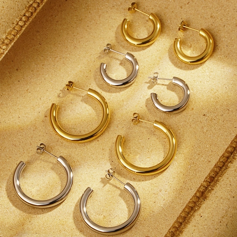 Pendientes de Aro Minimalistas de Acero Inoxidable Forma de C Pulido Oro Plata Acero de Titanio Joyería para Mujer