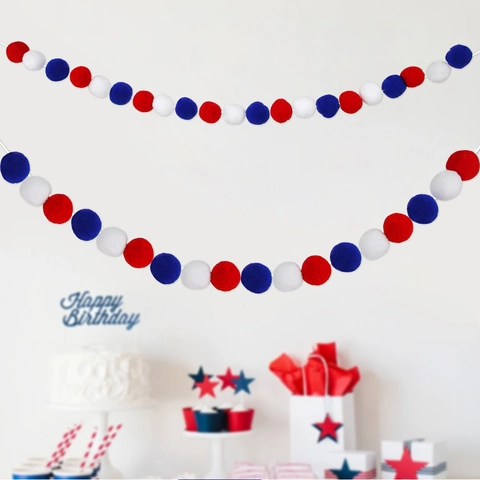 Guirnalda de Pompones Rojo Blanco Azul Banner de Bolas de Peluche para Fiesta del 4 de Julio Decoración del Hogar Colgante 2m