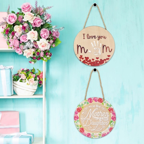Plaque Suspendue en Bois Fête des Mères Cœur Rose Best Mom Ever Rustique Imprimé Panneau Décoratif Mur Porte Maison