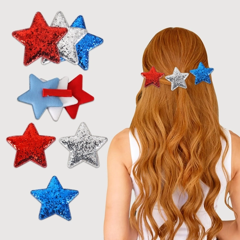 Fermagli per Capelli a Stella con Paillettes del Giorno dell'Indipendenza USA Rosso Argento Blu Brillantini per Festa