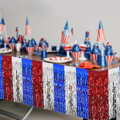 Gonna da Tavolo con Frange in Lamina Patriotica Rosso Bianco Blu Tovaglia in Tinsel Metallico PET per Decorazione Festa Indipendenza