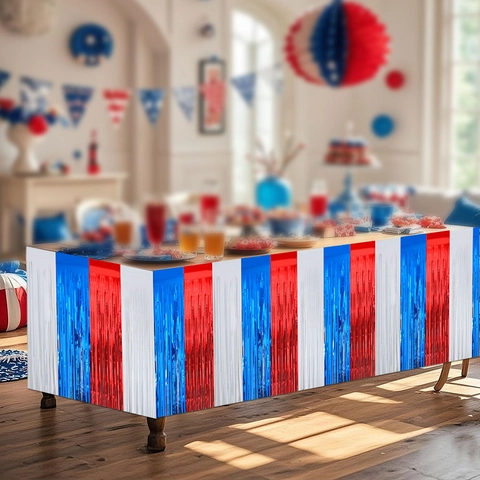 Onafhankelijkheidsdag Tafelrok Rood Zilver Blauw Metallic Franje Gordijn PET Patriottische Feest Decoratie