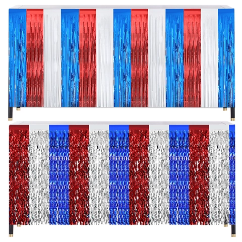 Gonna da Tavolo in Lamé Giorno Indipendenza Rosso Bianco Blu Frangia in Foglio Metallico Decorazione Festa Patriottica