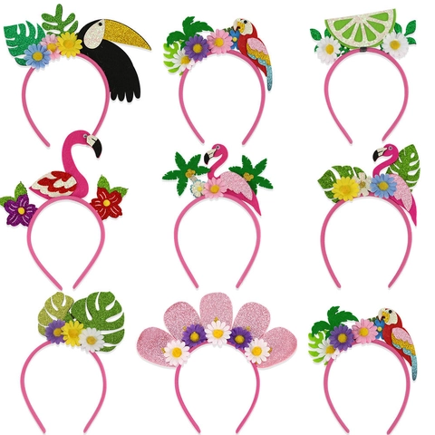 Cerchietto per Festa Tropicale Hawaiiana Fenicottero Pappagallo Tucano Albero di Cocco Foglia di Monstera Glitter Estate Spiaggia