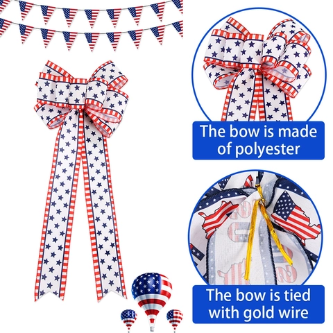 Nœuds Patriotiques Jour de l'Indépendance Décoration 4 Juillet Rouge Blanc Bleu Étoiles Rayures Polyester Grands Nœuds Pour Fête Couronne Porte Arbre Ornement