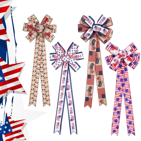 Independence Day Patriotic Bow Decoration Large Polyester Stars And Stripes Bowknot For US National Day Party Home Decor Wreath Ornament