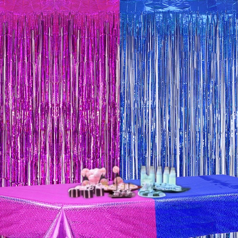 Set di Decorazioni per Feste Gender Reveal Tende a Frange in Lamina Metallica Blu Rosa Tovaglia Laser per Baby Boy o Girl Party