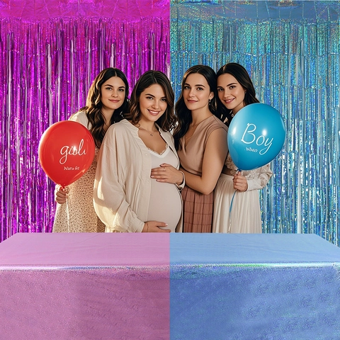 Set di Decorazioni per Feste Gender Reveal Tende a Frange in Lamina Metallica Blu Rosa Tovaglia Laser per Baby Boy o Girl Party
