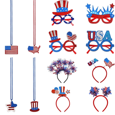 Independence Day Patriotic Party Decoration Set Red White Blue USA Flag Necklace Glasses Headband Costume Props For Celebration