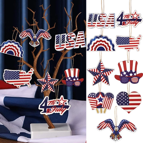 Patriotic Independence Day Wooden Ornaments Fourth Of July USA Flag Stars Stripes Hanging Decorations For Home Party Decor