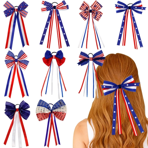 Independence Day US Flag Bow Hair Tie With Long Streamer Stars Stripes Red White Blue Ribbon Bowknot Hair Accessories For American Patriotic Party Women Kids