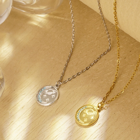 Collana da Donna in Acciaio Inossidabile con Pendente Rotondo Pianeta Luna Stella Strass Catena Clavicola Gioielli Regalo