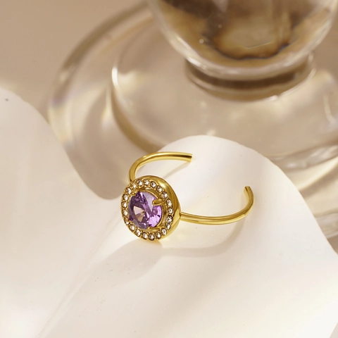 Anillo Abierto Ajustable de Acero Inoxidable con Strass para Mujer Chapado en Oro 18K Geométrico Redondo Piedra de Color