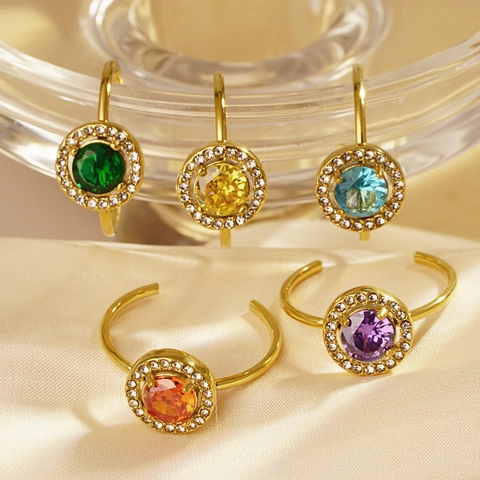Anillo Abierto Ajustable de Acero Inoxidable con Strass para Mujer Chapado en Oro 18K Geométrico Redondo Piedra de Color