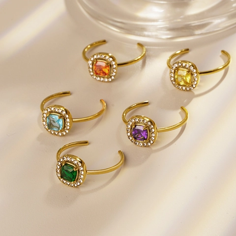 Luxus Quadrat Zirkonia Edelstahl Offener Verstellbarer Ring Für Damen Vergoldet Lila Grün Rot Gelb Blau Kristall Halo Ring Schmuck