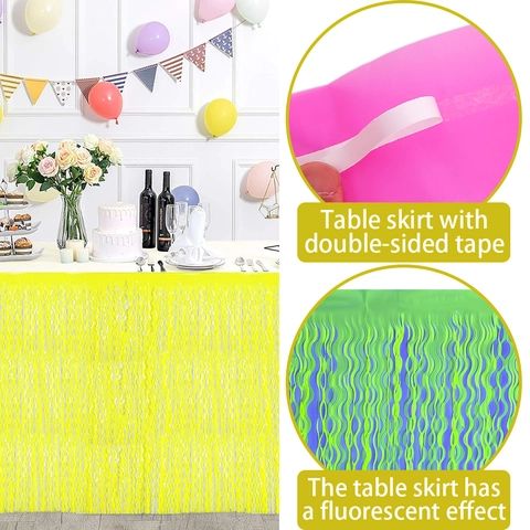Macaron Fluorescent Foil Fringe Table Skirt Wave Edge PET Self Adhesive Metallic Tinsel Table Wrap For Birthday Wedding Party Decor