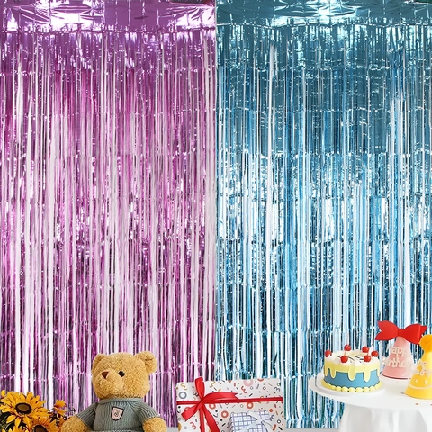 Kit Décoration Fête Révélation Genre Bébé Rideau à Franges Rose Bleu Nappe Métallique pour Anniversaire Baby Shower