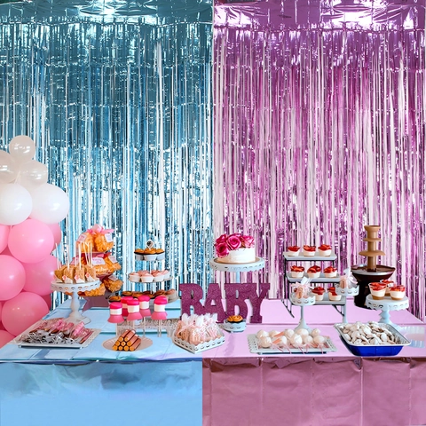 Tenda Con Frange E Tovaglia Decorazione Rivelazione Genere Per Ragazzo O Ragazza Baby Shower Compleanno Lucido Metallico