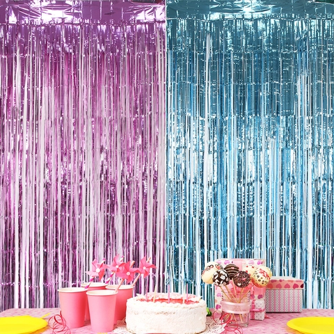 Set Sfondo per Festa di Rivelazione del Genere Tenda a Frange Metalliche Tovaglia per Decorazione Compleanno Baby Shower