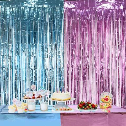 Set Sfondo per Festa di Rivelazione del Genere Tenda a Frange Metalliche Tovaglia per Decorazione Compleanno Baby Shower