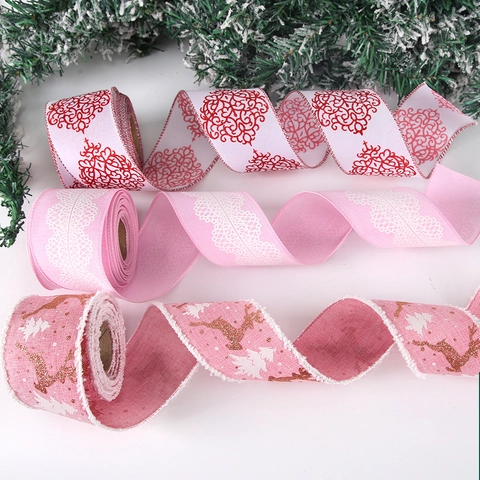 Weihnachten Rentier Bedruckt Drahtkante Band Rosa Weiß Leinenoptik Festliche Dekoration Band Für Geschenkverpackung Haus Dekoration